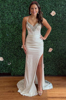 Load image into Gallery viewer, Sparkly Light Blue Mermaid Satin Spaghetti Straps Long Beaded Prom Dress with Slit
