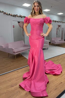 Load image into Gallery viewer, Off the Shoulder Fuchsia Mermaid Long Prom Dress with Ruffles