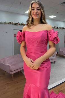 Off the Shoulder Fuchsia Mermaid Long Prom Dress with Ruffles
