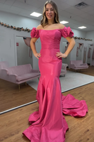 Load image into Gallery viewer, Off the Shoulder Fuchsia Mermaid Long Prom Dress with Ruffles