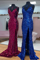 Load image into Gallery viewer, Sparkly Fuchsia Sequin Mermaid Spaghetti Straps Long Prom Dress with Slit