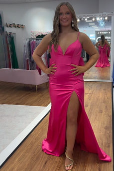 Fuchsia Satin Mermaid Spaghetti Straps Long Prom Dress with Bow