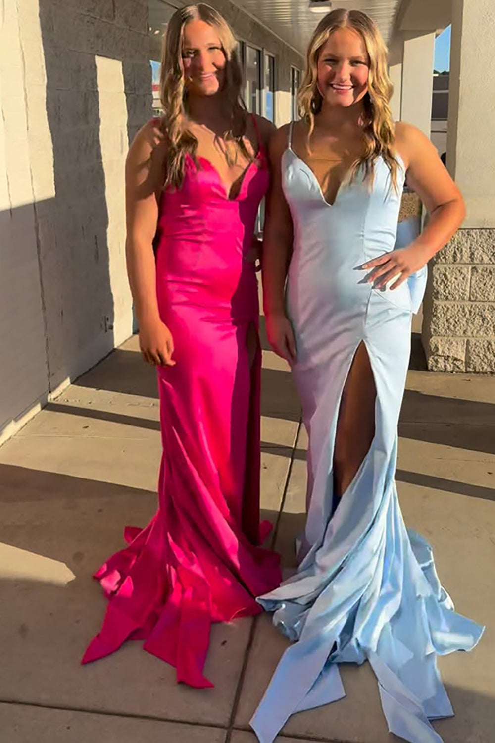 Fuchsia Satin Mermaid Spaghetti Straps Long Prom Dress with Bow