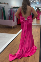 Load image into Gallery viewer, Fuchsia Satin Mermaid Spaghetti Straps Long Prom Dress with Bow