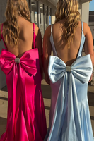 Load image into Gallery viewer, Fuchsia Satin Mermaid Spaghetti Straps Long Prom Dress with Bow