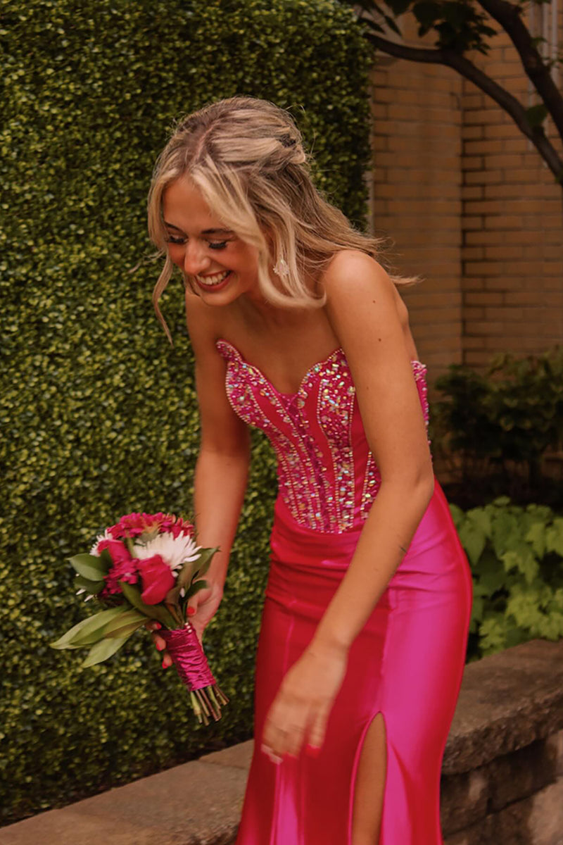 Load image into Gallery viewer, Sparkly Fuchsia Strapless Mermaid Long Prom Dress with Beadings