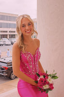 Load image into Gallery viewer, Sparkly Fuchsia Strapless Mermaid Long Prom Dress with Beadings