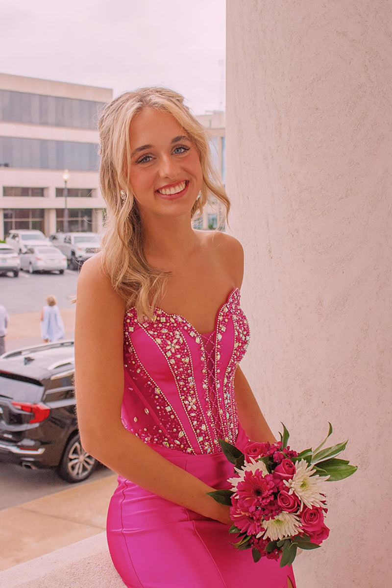 Load image into Gallery viewer, Sparkly Fuchsia Strapless Mermaid Long Prom Dress with Beadings