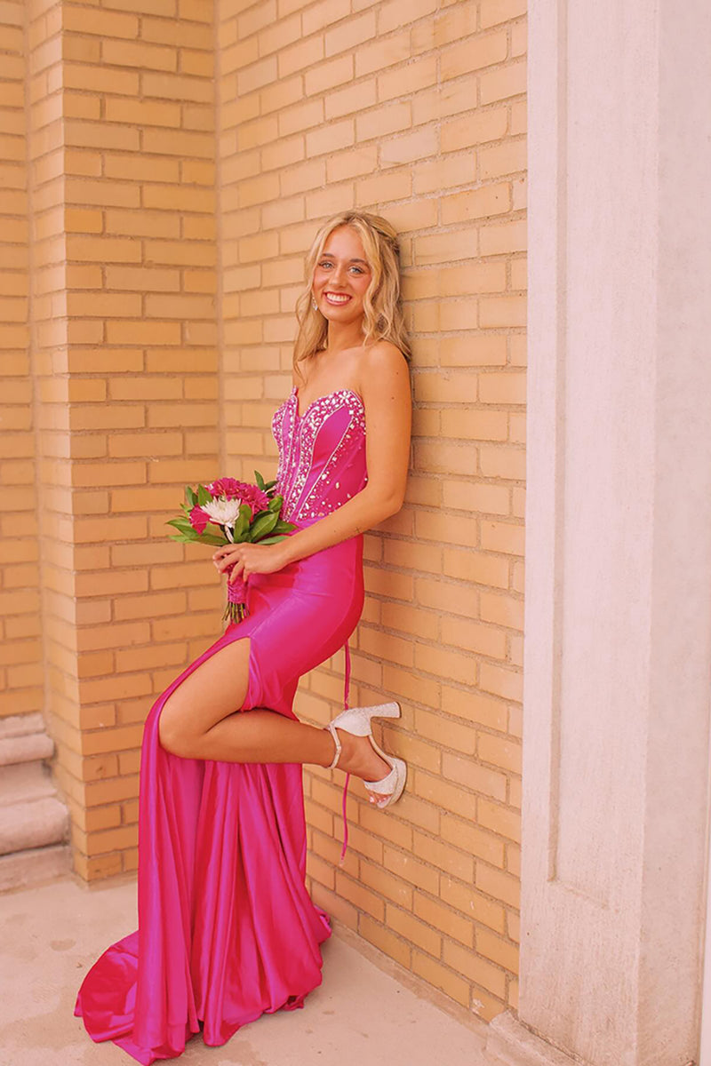 Load image into Gallery viewer, Sparkly Fuchsia Strapless Mermaid Long Prom Dress with Beadings