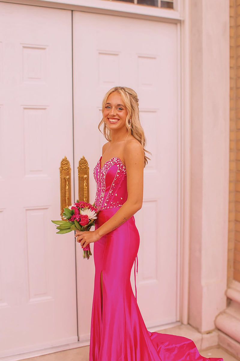 Load image into Gallery viewer, Sparkly Fuchsia Strapless Mermaid Long Prom Dress with Beadings