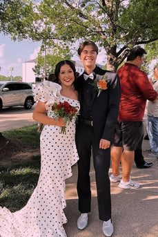 White Black Polka Dots One Shoulder Mermaid Long Prom Dress with Slit