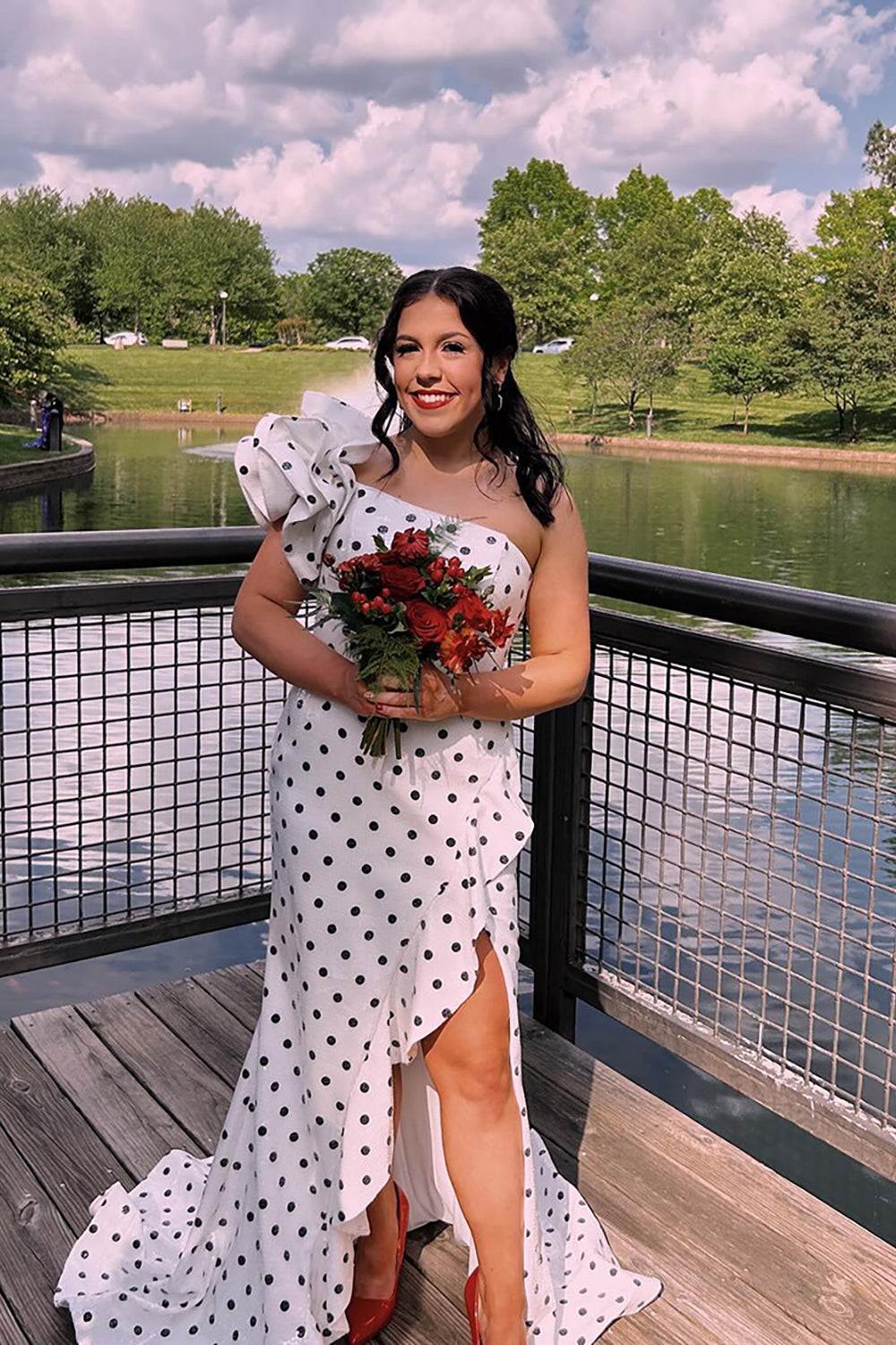 White Black Polka Dots One Shoulder Mermaid Long Prom Dress with Slit