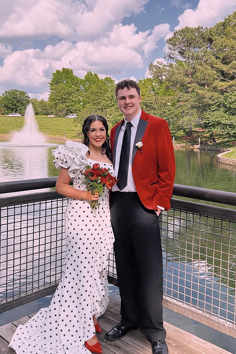 Load image into Gallery viewer, White Black Polka Dots One Shoulder Mermaid Long Prom Dress with Slit