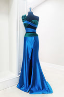 Load image into Gallery viewer, Blue Mermaid Ruched Cut Out Long Prom Dress with Slit