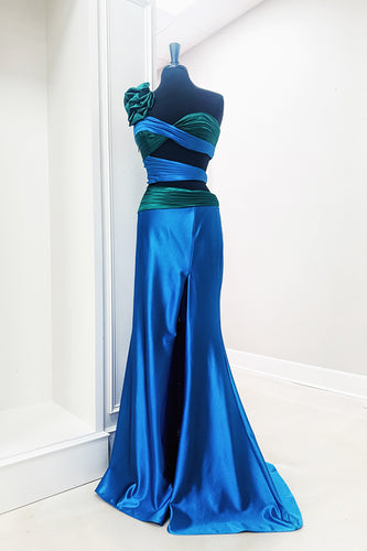 Blue Mermaid Ruched Cut Out Long Prom Dress with Slit