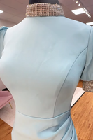 Load image into Gallery viewer, Sparkly Light Blue Satin High Neck Mermaid Long Prom Dress with Beadings