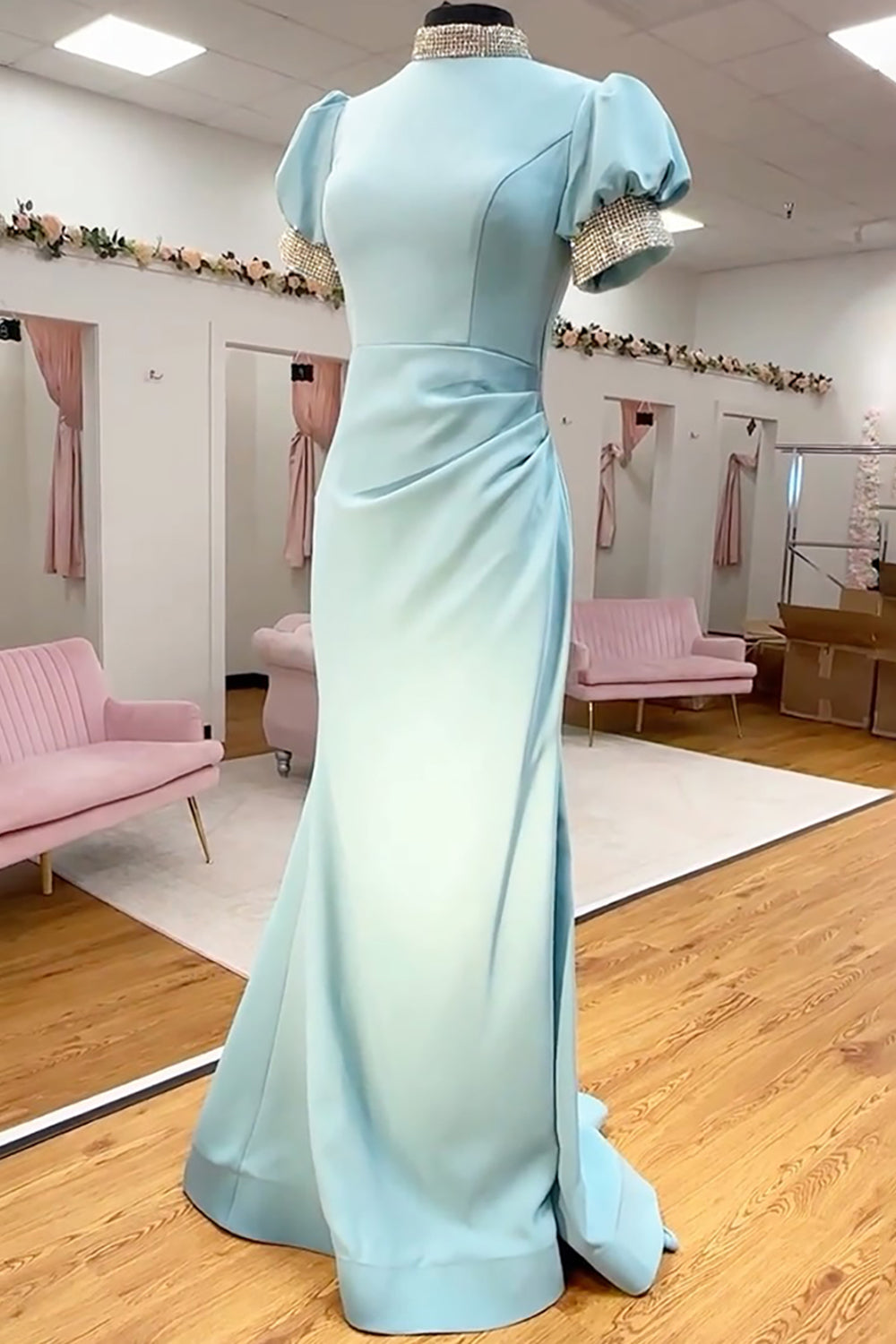 Sparkly Light Blue Satin High Neck Mermaid Long Prom Dress with Beadings