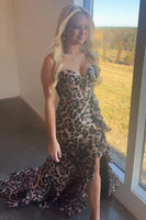 Load image into Gallery viewer, Brown Leopard Sweetheart Mermaid Long Prom Dress with Slit