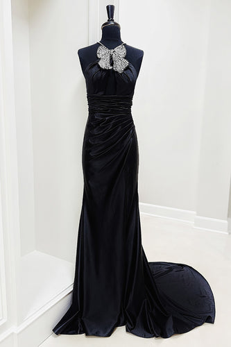 Sparkly Black Halter Mermaid Long Prom Dress with Beadings
