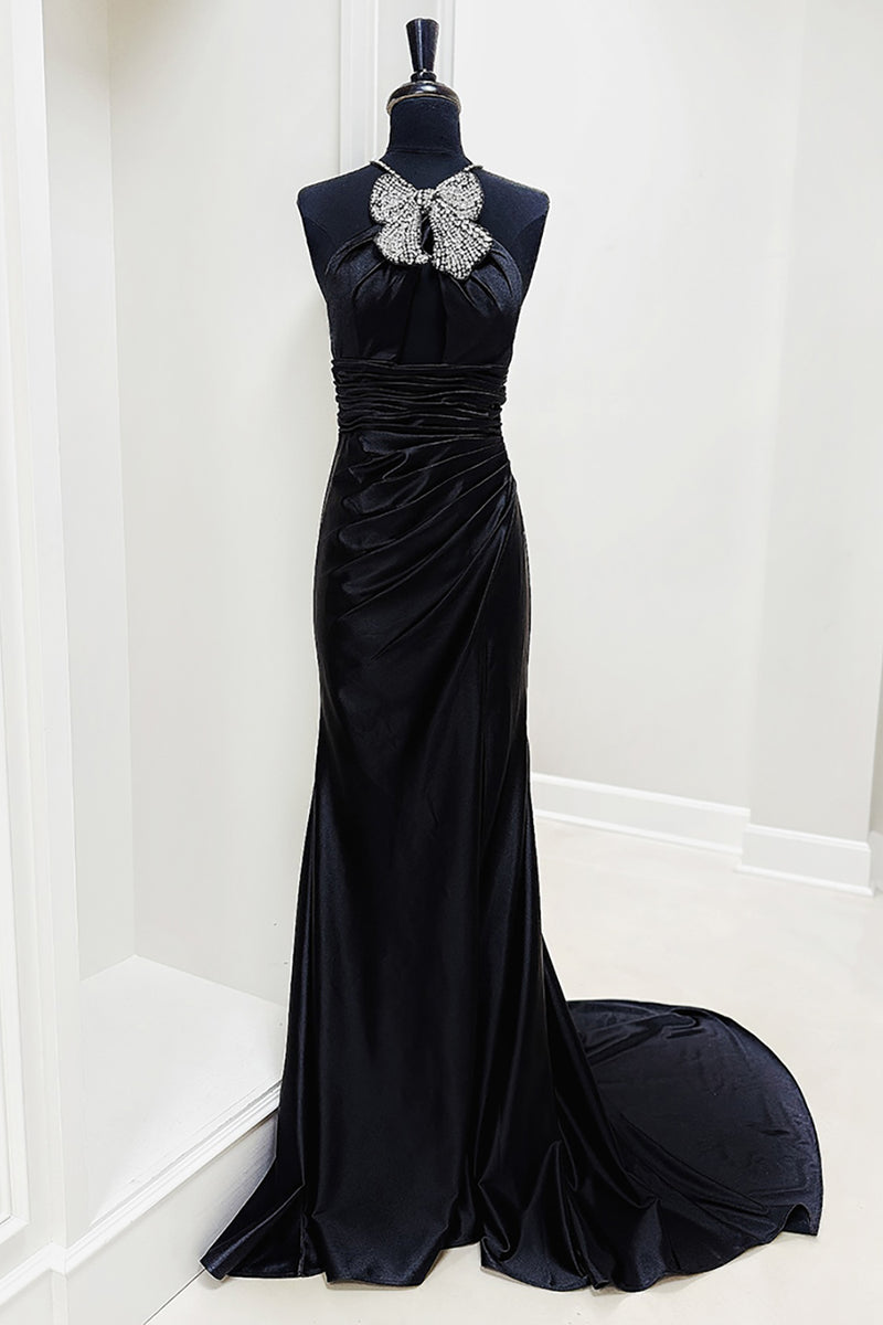 Load image into Gallery viewer, Sparkly Black Halter Mermaid Long Prom Dress with Beadings