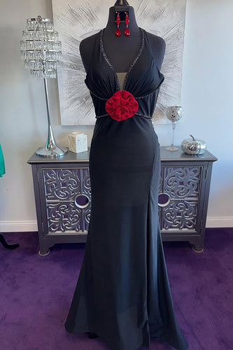 Sparkly Black Halter Mermaid Backless Long Prom Dress with 3D Flower