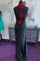 Load image into Gallery viewer, Sparkly Black Halter Mermaid Backless Long Prom Dress with 3D Flower