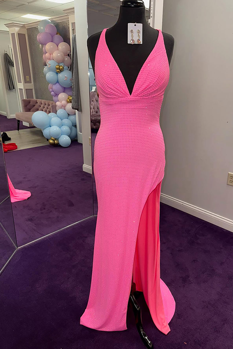 Load image into Gallery viewer, Sparkly Fuchsia V Neck Mermaid Long Prom Dress with Slit