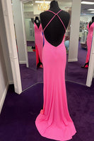 Load image into Gallery viewer, Sparkly Fuchsia V Neck Mermaid Long Prom Dress with Slit