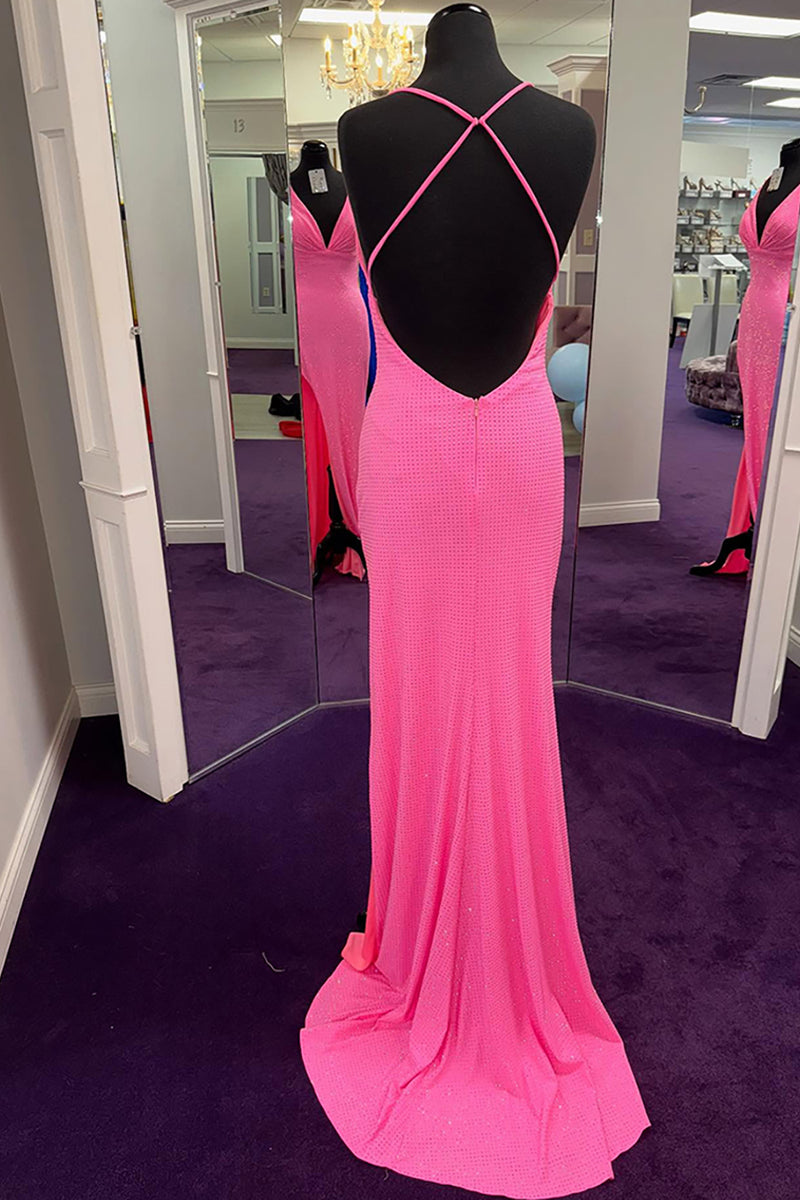 Load image into Gallery viewer, Sparkly Fuchsia V Neck Mermaid Long Prom Dress with Slit