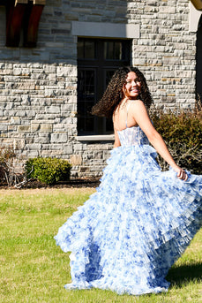 White Blue Flower A Line Spaghetti Straps Long Corset Prom Dress with Ruffles