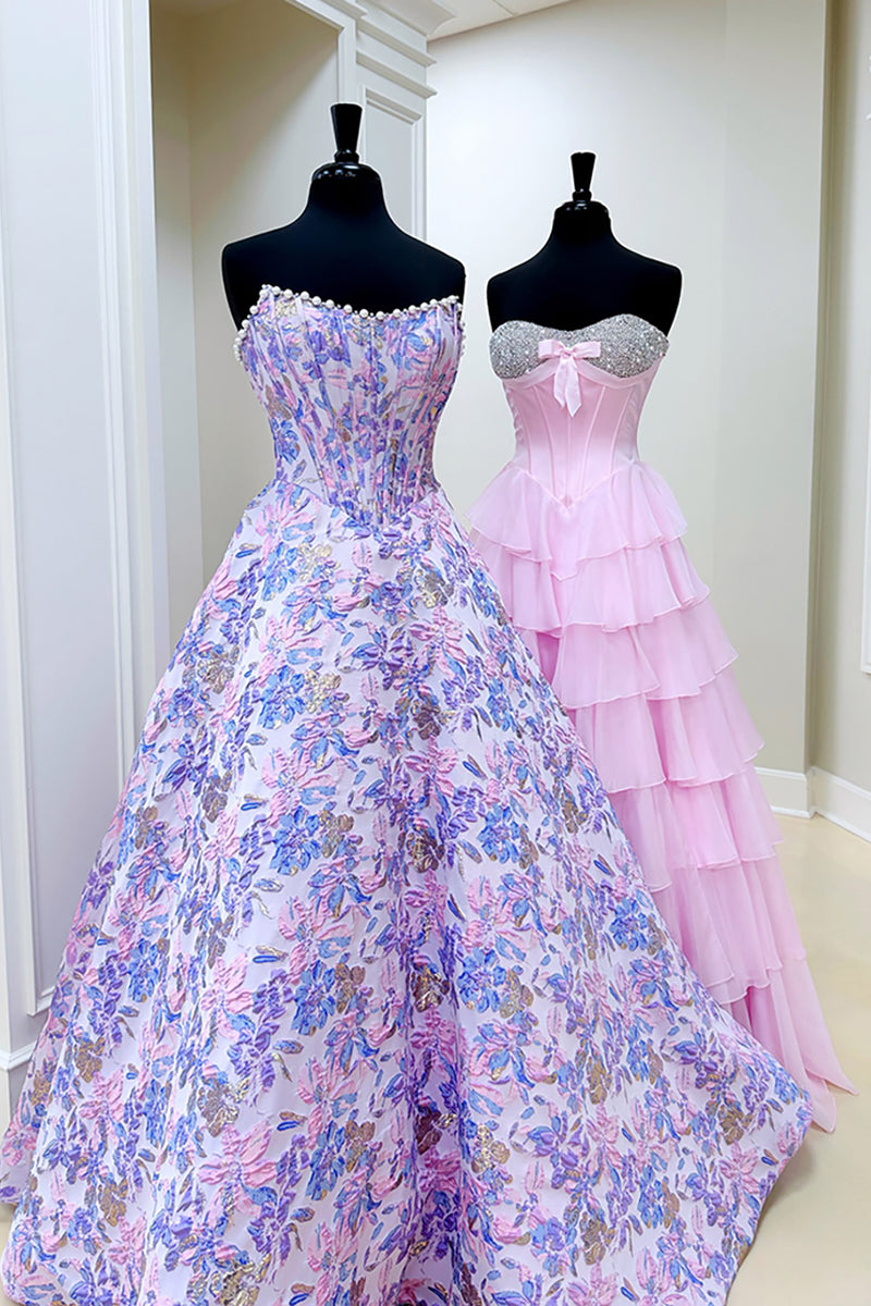 Load image into Gallery viewer, Lilac Flower Strapless Corset A Line Long Prom Dress with Pearls