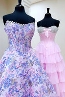 Load image into Gallery viewer, Lilac Flower Strapless Corset A Line Long Prom Dress with Pearls