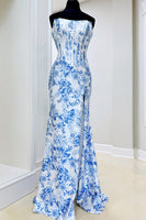 Load image into Gallery viewer, White Blue Flower Strapless Mermaid Long Corset Prom Dress with Slit