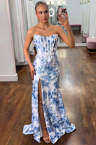 White Blue Flower Strapless Mermaid Long Corset Prom Dress with Slit