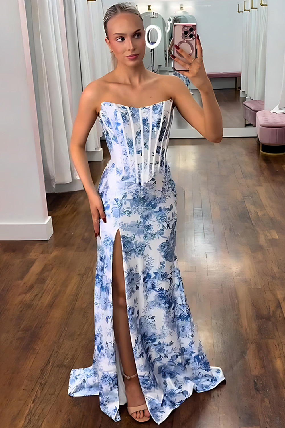White Blue Flower Strapless Mermaid Long Corset Prom Dress with Slit