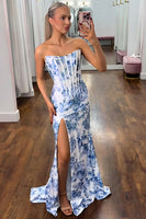 Load image into Gallery viewer, White Blue Flower Strapless Mermaid Long Corset Prom Dress with Slit