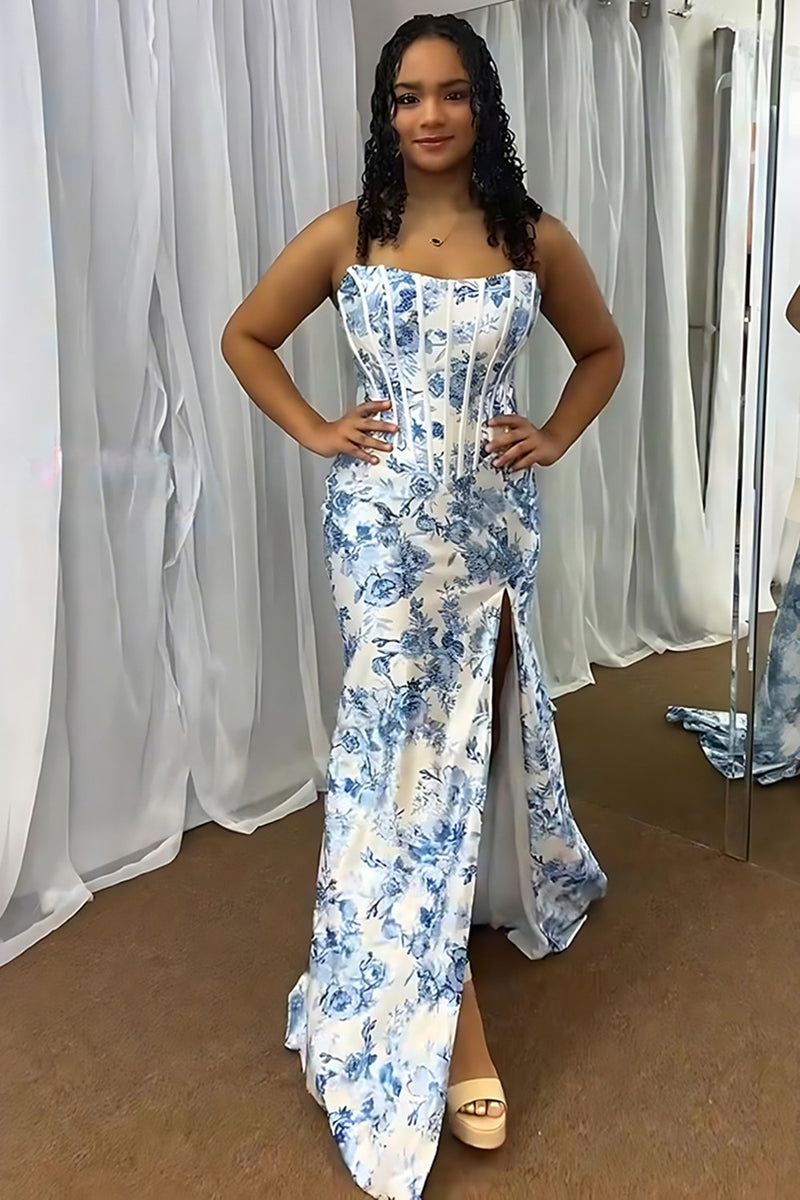 Load image into Gallery viewer, White Blue Flower Strapless Mermaid Long Corset Prom Dress with Slit