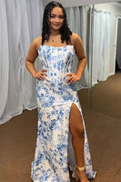 Load image into Gallery viewer, White Blue Flower Strapless Mermaid Long Corset Prom Dress with Slit