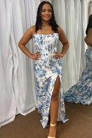 Load image into Gallery viewer, White Blue Flower Strapless Mermaid Long Corset Prom Dress with Slit