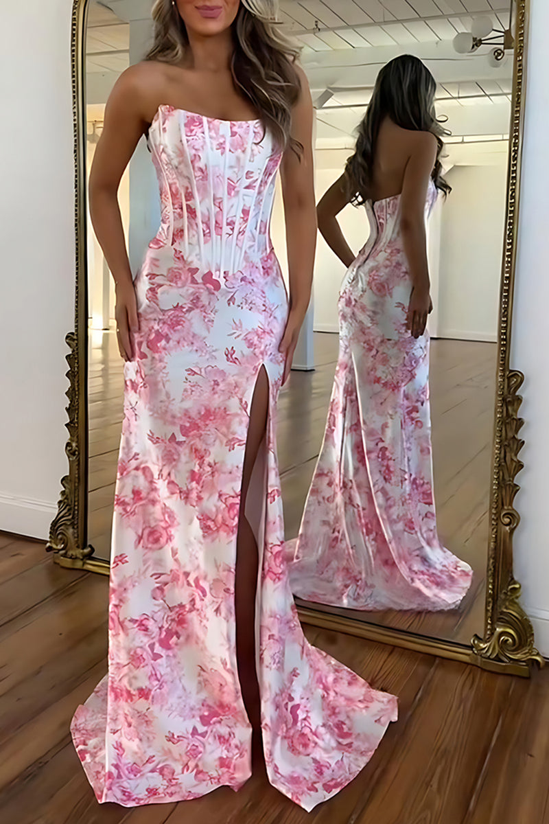 Load image into Gallery viewer, White Blue Flower Strapless Mermaid Long Corset Prom Dress with Slit