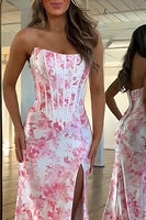 Load image into Gallery viewer, White Blue Flower Strapless Mermaid Long Corset Prom Dress with Slit