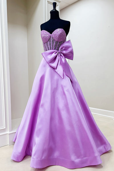 Sparkly Purple Sweetheart A Line Satin Long Corset Prom Dress with Bow