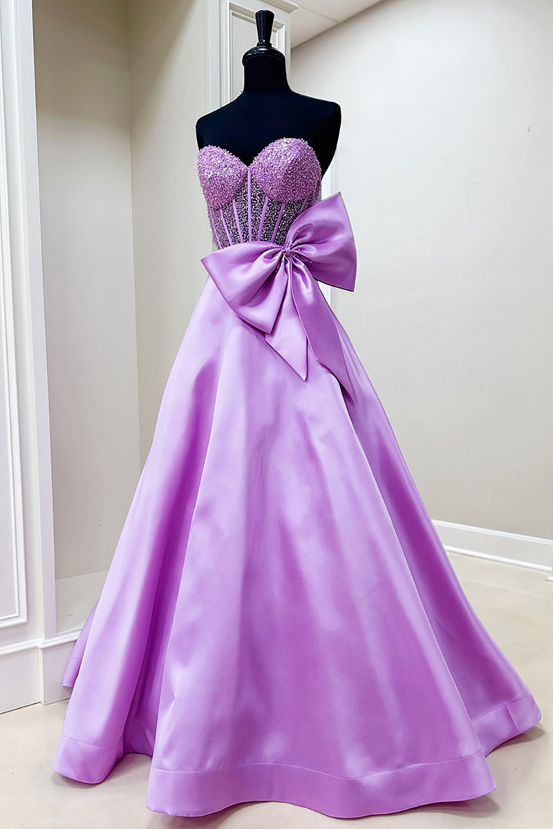 Load image into Gallery viewer, Sparkly Purple Sweetheart A Line Satin Long Corset Prom Dress with Bow
