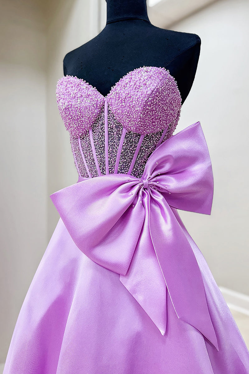 Load image into Gallery viewer, Sparkly Purple Sweetheart A Line Satin Long Corset Prom Dress with Bow