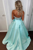 Load image into Gallery viewer, Sparkly Purple Sweetheart A Line Satin Long Corset Prom Dress with Bow