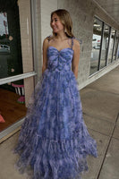 Load image into Gallery viewer, Grey Blue A Line Tulle Spaghetti Straps Long Corset Prom Dress with Ruffles
