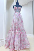 Load image into Gallery viewer, Grey Blue A Line Tulle Spaghetti Straps Long Corset Prom Dress with Ruffles