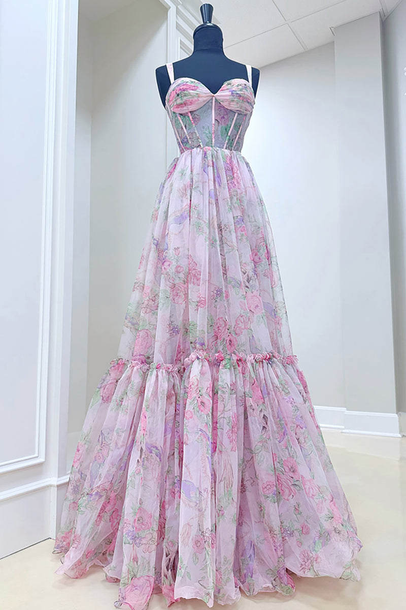 Load image into Gallery viewer, Grey Blue A Line Tulle Spaghetti Straps Long Corset Prom Dress with Ruffles