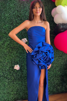 Load image into Gallery viewer, Strapless Black Mermaid Ruched Long Prom Dress with 3D Flower