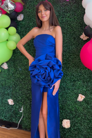 Load image into Gallery viewer, Strapless Black Mermaid Ruched Long Prom Dress with 3D Flower